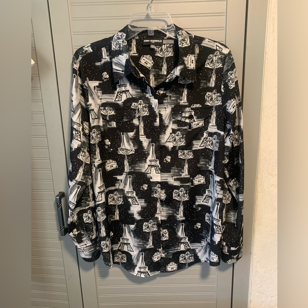 Karl Lagerfeld Set of 2 Black & White Abstract Building Button Down Blouse Sz M